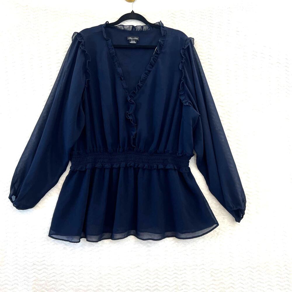 City Chic Blue Peplum Flowy Sheer Long Sleeve V Neck Blouse Top Womens Sz XXL 24 - Picture 2 of 11